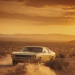 old muscle car rolling through a desert area during sunset