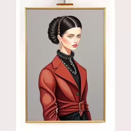 there is a painting of a woman wearing a red jacket,a framed portrait of a woman in a red coat,painting of lady in red and black jacket with black trim,this portrait is being held in a gold frame,a framed painting of a woman wearing a red coat