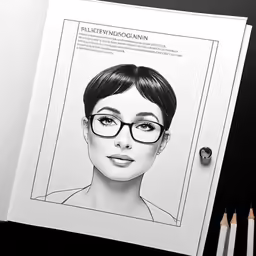 a black and white drawing of a person wearing glasses