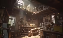 the kitchen in the house is lit by the beam from the light