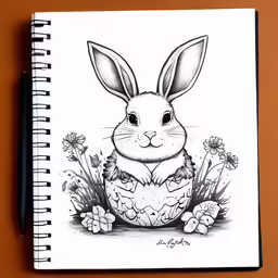 a hand drawn notebook with a rabbit in an egg and flowers