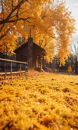 a grassy field with a small wooden cabin in the background