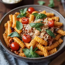 a plate with a pasta salad and tomatoes