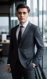 a young man in a suit posing in an office building