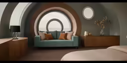 a blue couch in front of a round window