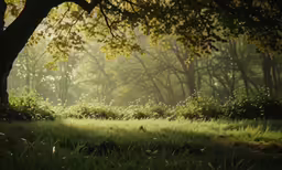 the sun shines through the trees to light up the grass