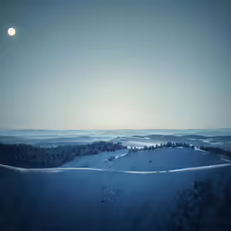 the sun rises over a snowy landscape with trees in the foreground