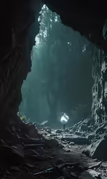 a cave filled with rocks and trees on the side of it