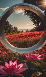 a large metal circle in the middle of flowers