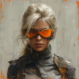 a beautiful woman wearing an orange lensed suit,the woman in glasses is posed for a picture