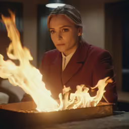the woman is wearing a coat and looking at the fire