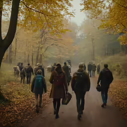 many people walking in the woods