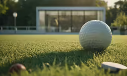 a ball and tees on the green grass in front of a building