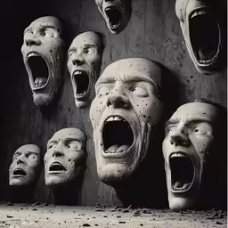 screaming faces have been cast onto a wall