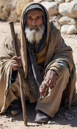an old man in the desert holding a stick