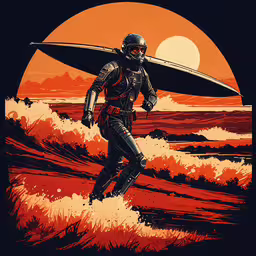 a guy carrying his surf board is surfing at sunset,a man holding a surfboard walks across an ocean