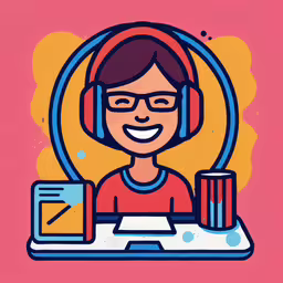 a woman is sitting in front of a computer and smiling,an animated woman in a headset with computer