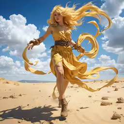 a woman wearing a yellow dress running in the desert