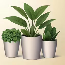 three different types of plants in white cups