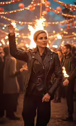 the good wife actress wearing black leather outfit with bright light bulbs
