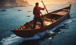 a man on a small boat in the water,a man in a boat is going through the water