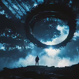 a person standing in the dark of night, surrounded by tree branches