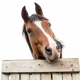 a horse sticking its head over a wooden fence