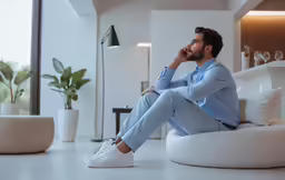 a man sits on a white bean bag in the middle of his room