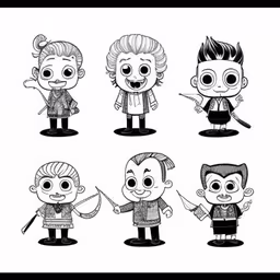 a drawing of cartoon characters on a white background,five boys with different facial expressions