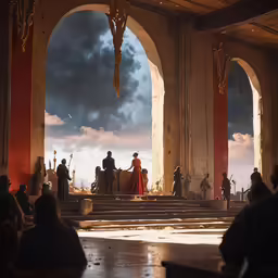 a group of people sit at a alter with a view of the sky
