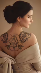 back tattoo of woman in gold dress looking off to side