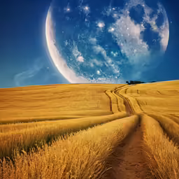 a full moon rises over a wheat field