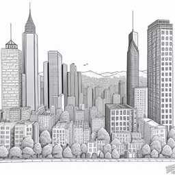 this drawing has a long line of buildings,a drawing of tall buildings on the side of a mountain,a drawing of a cityscape in black and white,a drawing of a city in black and white,a drawing of a large city in black and white