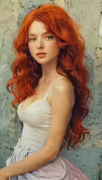 a beautiful redhead woman with red hair in a pink dress