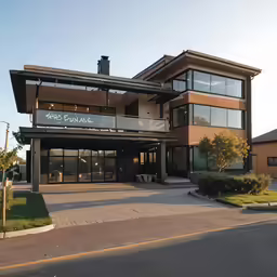 there is a large building with many windows