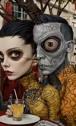 a man and woman with faces on their bodies drinking coffee