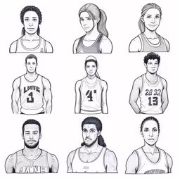 a bunch of different kinds of basketball players,a set of six basketball players and their uniforms,some basketball players from different eras drawn on a piece of paper,an artist shows a different basketball team from different angles,basketball players who are on each team