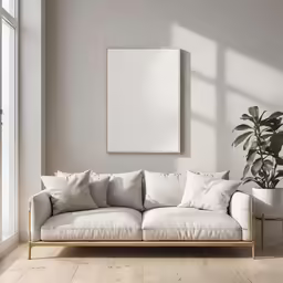 an empty white room with a big couch, potted plant and framed art on the wall