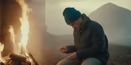 man in a beanie sitting near a campfire