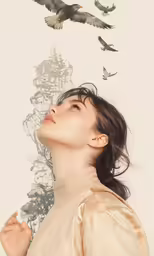 the woman is looking upward at the birds flying in the sky