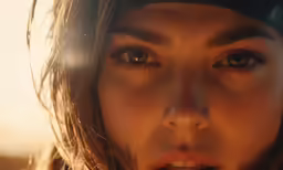 a girl with brown hair and blue eyes looks up at the camera