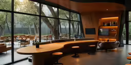 an elegant room with large windows and lots of seating