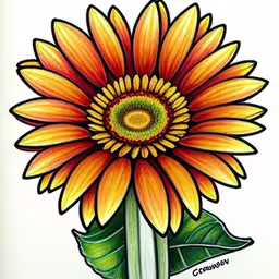 a colorful sunflower is displayed with a stem,a bright orange sunflower with green leaves,drawing of a sunflower with colors,a painting of a yellow and red sunflower with a green stem,a drawing of a large orange sunflower
