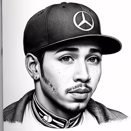 a portrait of a man wearing a mercedes hat