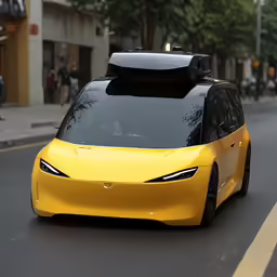 the yellow car is driving down the road