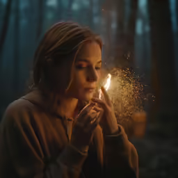 a girl holds out a lighter to her chest in the dark