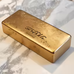 an gold rectangular shaped bar on top of marble