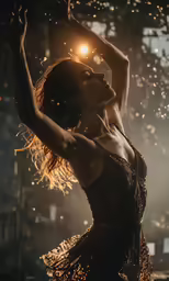 a woman dressed in a gown dances outdoors