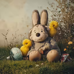 a stuffed animal rabbit and her chicks in the grass