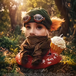 a child wearing a cap and scarf holding an ice cream cone